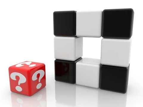 Red cube with question mark near black and white cubes Stock Illustration