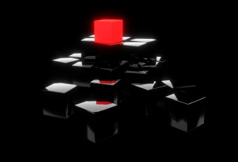 Red cube on top of heap of black cubes over black background - software modul Stock Illustration