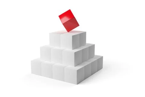Red cube on top of pyramid of white cubes over white background - software mo Stock Illustration