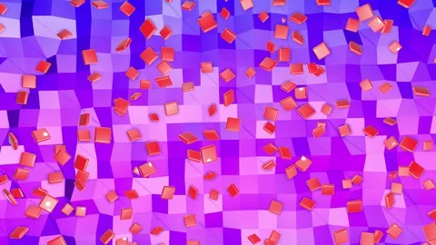 Red cubes with chamfers fly over the low poly plane. 3D rendering Stock Footage 94831080