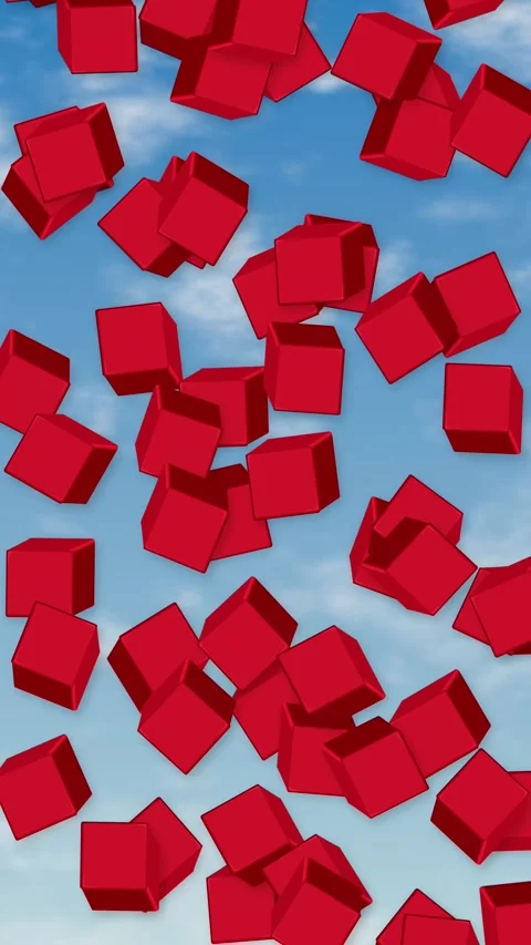 Red Cubes Falling Through Blue Sky with Clouds Vertical Animation Stock Footage 344835121