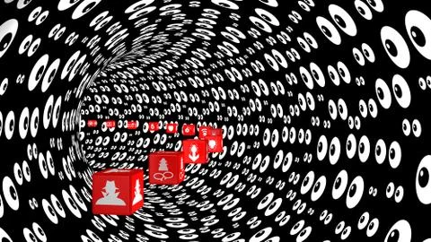 Red cubes with information security threat icons tunnel Stock Illustration