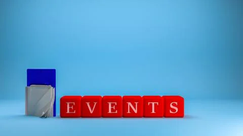 Red cubes with the word Event on a blue background 3d illustration Illustrazione stock