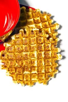 Red cup and two waffles isolated Stock Photos