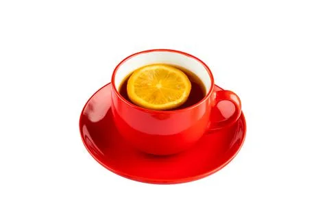 Red cup of black tea with lemon and saucer. Object isolated on white backgrou Stock Photos