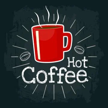 Red cup coffee. Vector flat illustration with engraving rays, lettering, bubb 스톡 일러스트