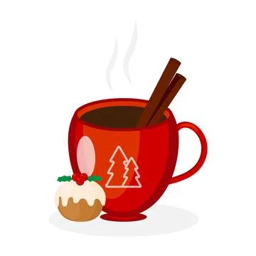 Red cup of hot aromatic coffee with cinnamon sticks and Christmas cupcake i.. Stock Illustration