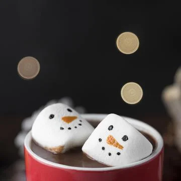 Red cup hot chocolate with marshmallows close up. High quality and resolution Stock Photos