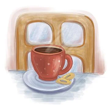 Red cup with a hot tea in front of a small wooden window winter illustration Foto stock