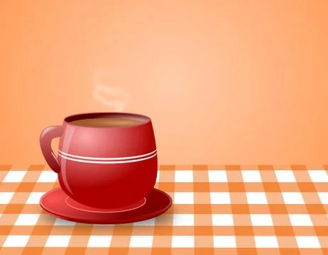Red cup of steaming hot coffee on check table Stock Illustration