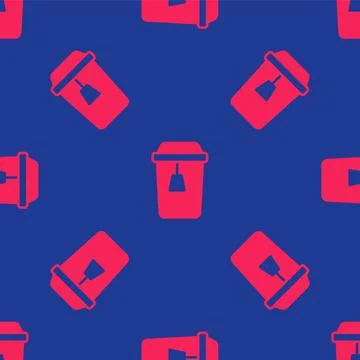 Red Cup of tea icon isolated seamless pattern on blue background. Vector Stock Illustration
