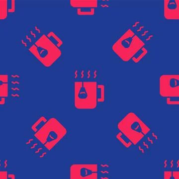 Red Cup of tea with tea bag icon isolated seamless pattern on blue background Stock Illustration