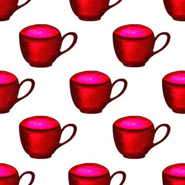Red cups on a white background. Seamless pattern. Breakfast. Watercolor illus Stock Illustration