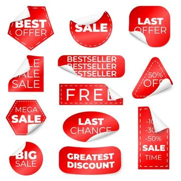 Red curled sale stickers. Discount labels with curl edge, low pricing tags Stock Illustration