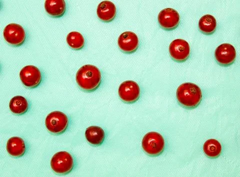 Red currant on a blue background, top view. Template made of fresh berries. Stock-Fotos