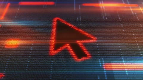 Red cursor arrow on digital computer screen with blue and red binary code Stock Footage 313854704