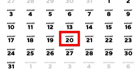 Red cursor highlighting August 20th on a 2026 wall calendar page Video stock 339425176