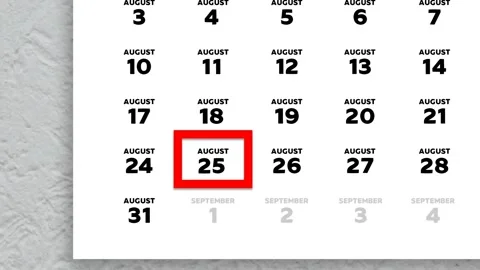 Red cursor highlighting August 25th on a 2026 wall calendar page Stock Footage 340206806
