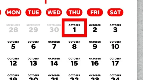 Red cursor highlighting October 1st on a 2026 wall calendar page. Sunday start Stock Footage 346289633
