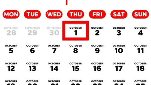 Red cursor highlighting October 1st on a 2026 wall calendar page. Monday start Stock Footage 346290154