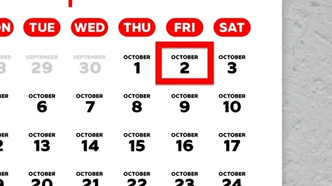 Red cursor highlighting October 2nd on a 2026 wall calendar page. Sunday start Stock Footage 346290224