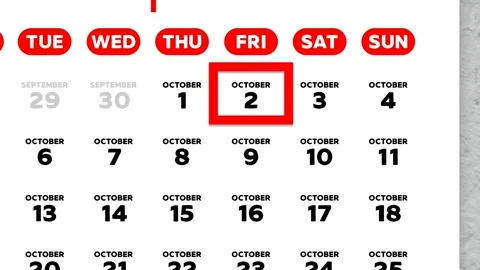 Red cursor highlighting October 2nd on a 2026 wall calendar page. Monday start Stock Footage 346709678