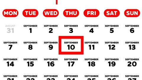 Red cursor highlighting September 10th on a 2026 wall calendar page Stock Footage 341814557