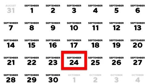 Red cursor highlighting September 24th on a 2026 wall calendar page Stock Footage 346272681
