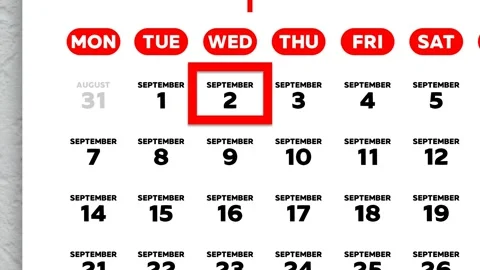 Red cursor highlighting September 2nd on a 2026 wall calendar page Stock Footage 341118763