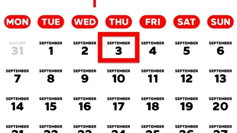 Red cursor highlighting September 3rd on a 2026 wall calendar page Stock Footage 341119021