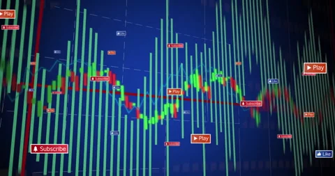 Red cursor starting chart animation green bars pulsing and icons floating to 库存影片 310325251