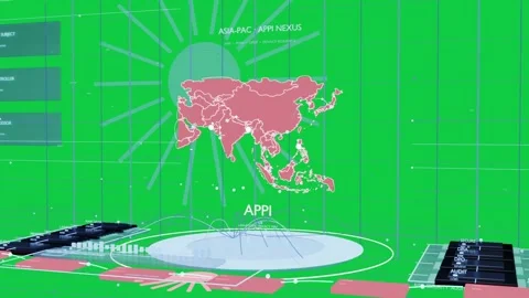 Red cursor tapping emblem, Asia map forming on pulsing base, nodes link showing Stock Footage 337549895