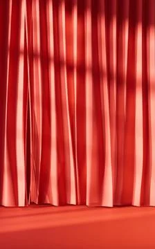 Red curtain with sunlight comes in, 3d rendering. Ilustración de archivo