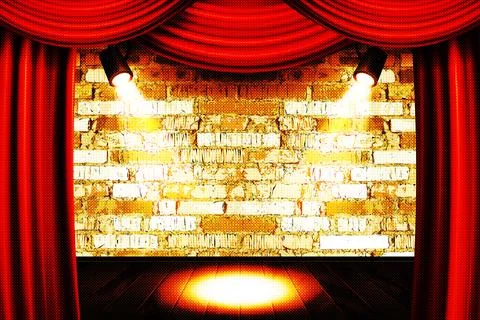 Red curtains on brick wall background. Stock Illustration