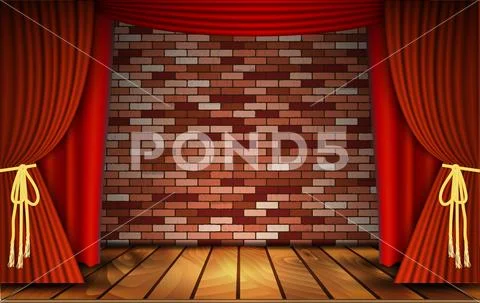 Red curtains on brick wall Stock Illustration