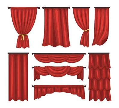 Red curtains Set Collection, Set realistic luxury curtain cornice decor dom.. Stock Illustration