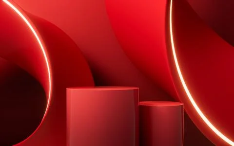 Red curve ring geometry and stage, 3d rendering. Illustrazione stock