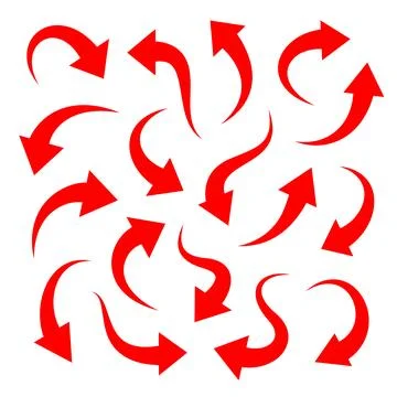 Red curved arrows collection. Vector arrows for direction, motion and visual Stock Illustration