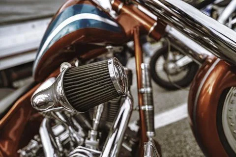 Red custom motorcycle engine showing air filter detail Stock Photos