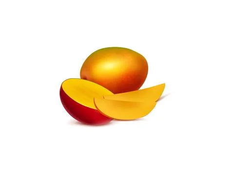 Red cut mango and ripe pieces 3d vector. sliced to cubes, mango slices. Dess 스톡 일러스트