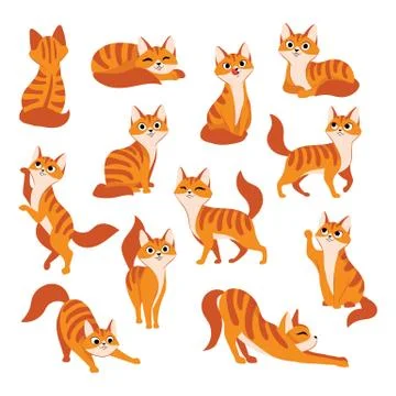 Red cute cat in different poses. Vector cartoon flat illustration. Funny play Stock-Illustration