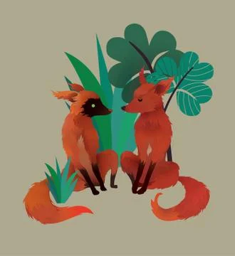 Red Cute Foxes with foliage Stock Illustration