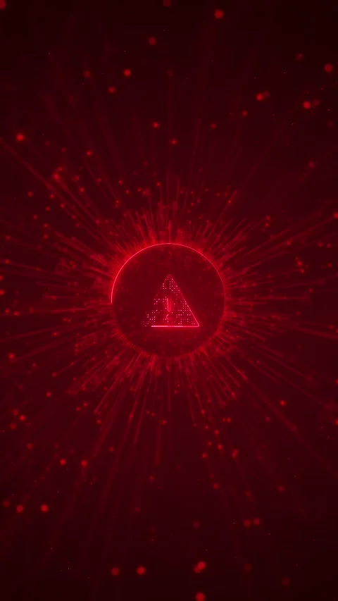 Red cyber alert warning visual with glowing triangle symbol, radial burst lines, Stock Footage 340551456