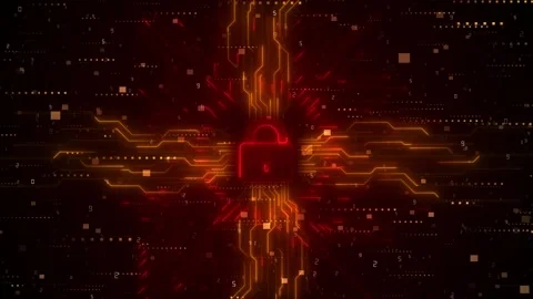 Red cyber security lock orange circuit lines, digital numbers, dark code texture Stock Footage 333975594