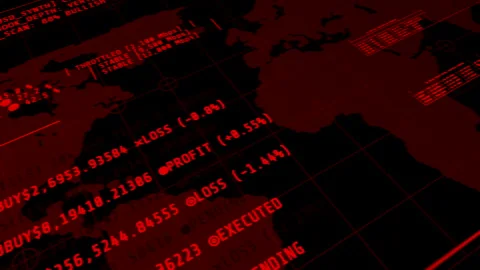 Red Cyber Security Threat HUD displaying Cryptocurrency Botnet and Hack Log Stock Footage 340335074