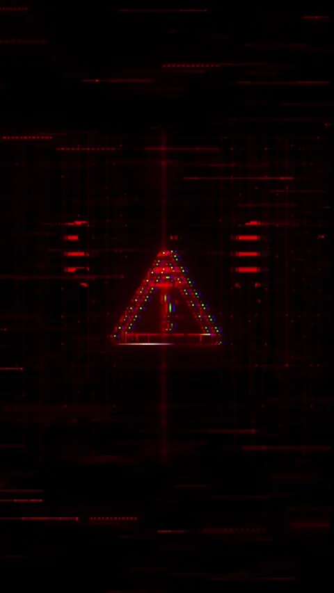 Red cyber warning alert background with glitch triangle symbol, grid lines, dott Stock Footage 340554225