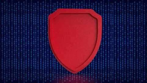 Red Cybersecurity Shield on Binary Data Background 3d render. Stock Illustration