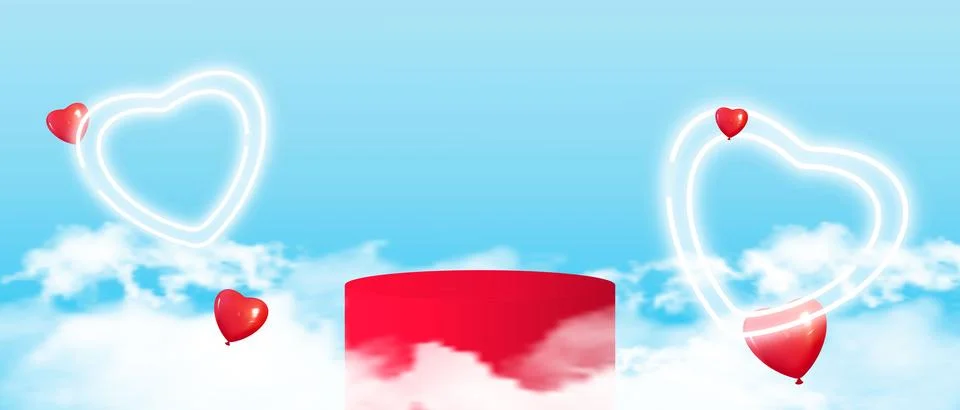 Red cylindrical podium in the clouds. Template for Valentine s Day. Vector Illustrazione stock