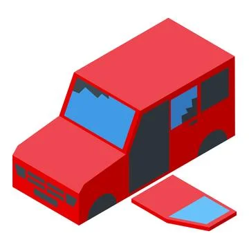 Red damaged car with broken windows and missing door is parked Stock-Illustration
