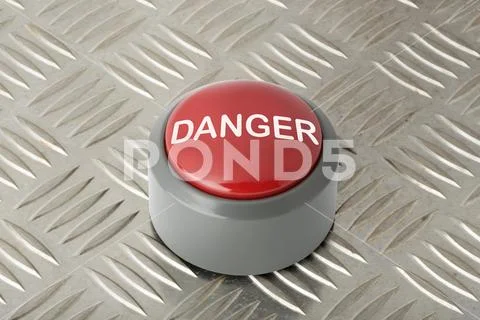 Red Danger Button on Aluminum Diamond Plate Background Stock Photos